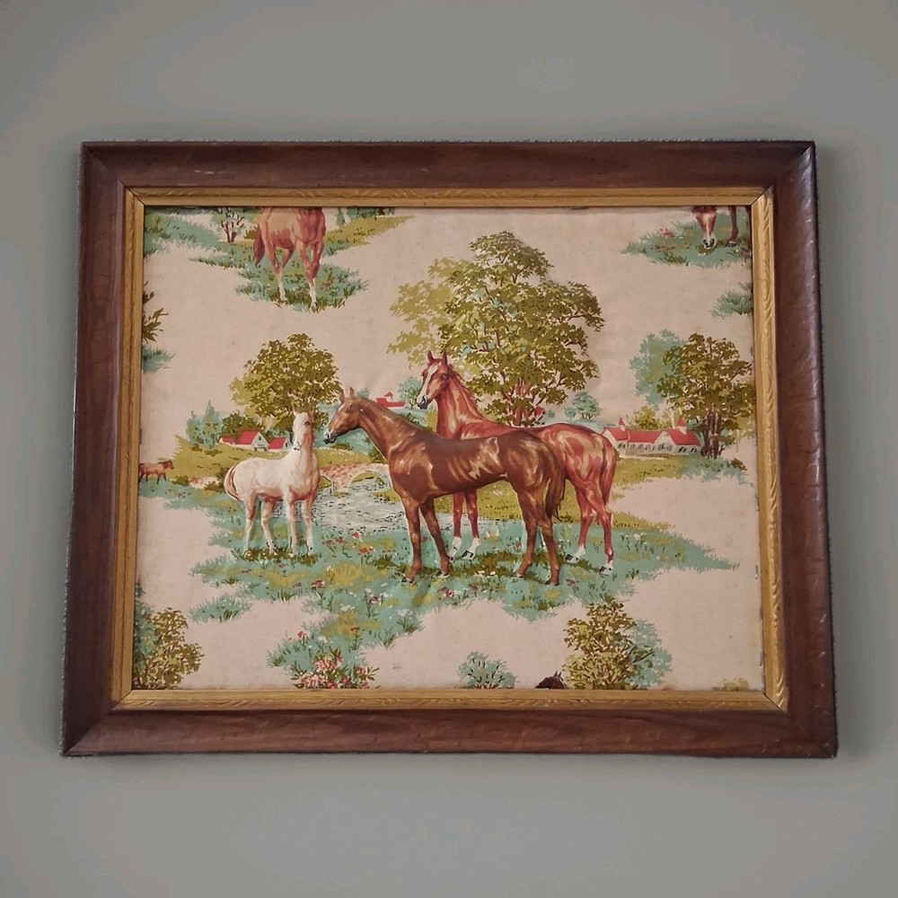 Vintage Trapunto 3-D Puff Fabric Horse Scene In Wooden Frame Ready To Hang