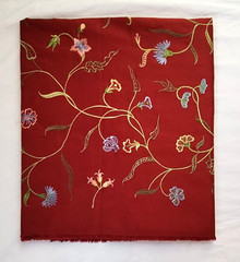 Floral Embroidered Dark Red Fabric 57×36 Remnant Stylized Flowers Lightweight