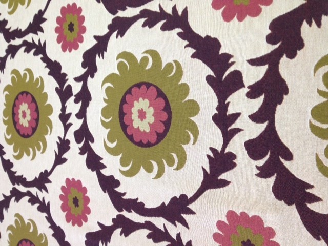 Suzani medallian fabric by the yard eggplant purple avacado green rose off whit
