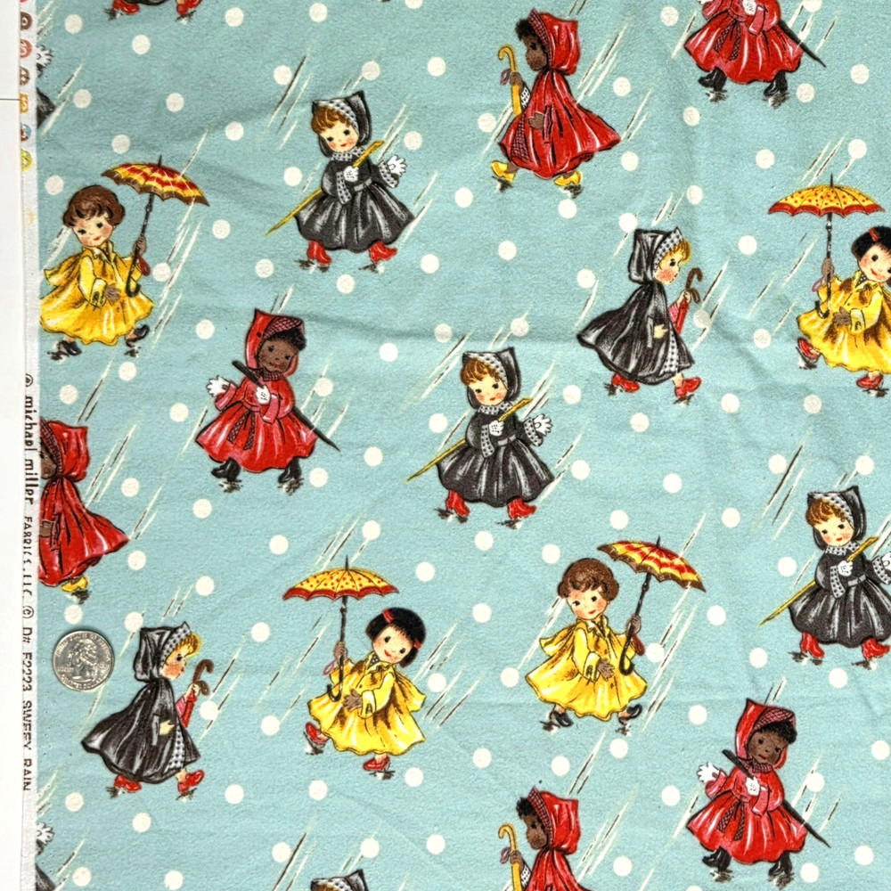 “Sweet Rain” Michael Miller Retro Girls Umbrellas Polka Dots Flannel Fabric BTY