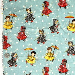 “Sweet Rain” Michael Miller Retro Girls Umbrellas Polka Dots Flannel Fabric BTY
