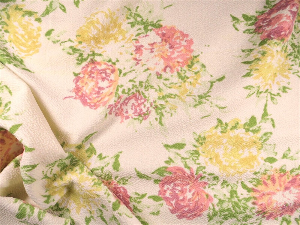 Printed Liverpool Textured Fabric Stretch Cream Pink Yellow Green Floral I705