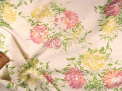 Printed Liverpool Textured Fabric Stretch Cream Pink Yellow Green Floral I705