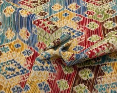 LEE JOFA BISTI VELVET MULTI RED BLUE GEO EXCLUSIVE FABRIC REMNNANT 30″ LONG 51″W