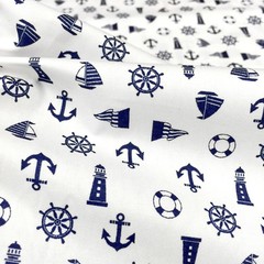 NAUTICAL WHITE POLISHED COTTON ANCHOR LIGHTHOUSE Fabric 44″W BTY Craft Decor