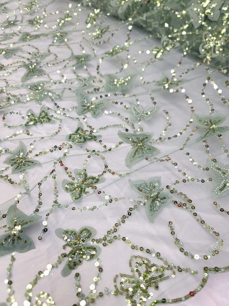 3D Butterfly Design Lace Sage Embroidered Sequins Fabric Sold By Yard For Dress