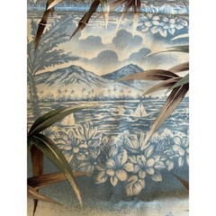 Vintage Hoffman Tropical Scenic Fabric Blue Palm Trees Island Huts 1.5 Yards