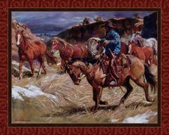 CANYON GATHERING “Before The Hard Work” 36″X45″ Quilt Panel Cowboy Horse Drive