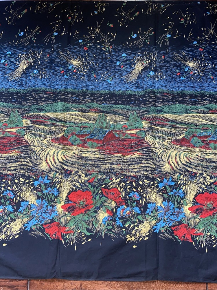 Vintage Farm Mural Fabric Flowers Hay Fields Bright Colors On Black 2 Yds 14”x34