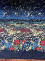 Vintage Farm Mural Fabric Flowers Hay Fields Bright Colors On Black 2 Yds 14”x34