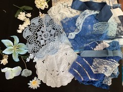 Fabric Scrap Bundle Blue Junk Journal Slow Stitch Lace Embroidery Sewing Vintage