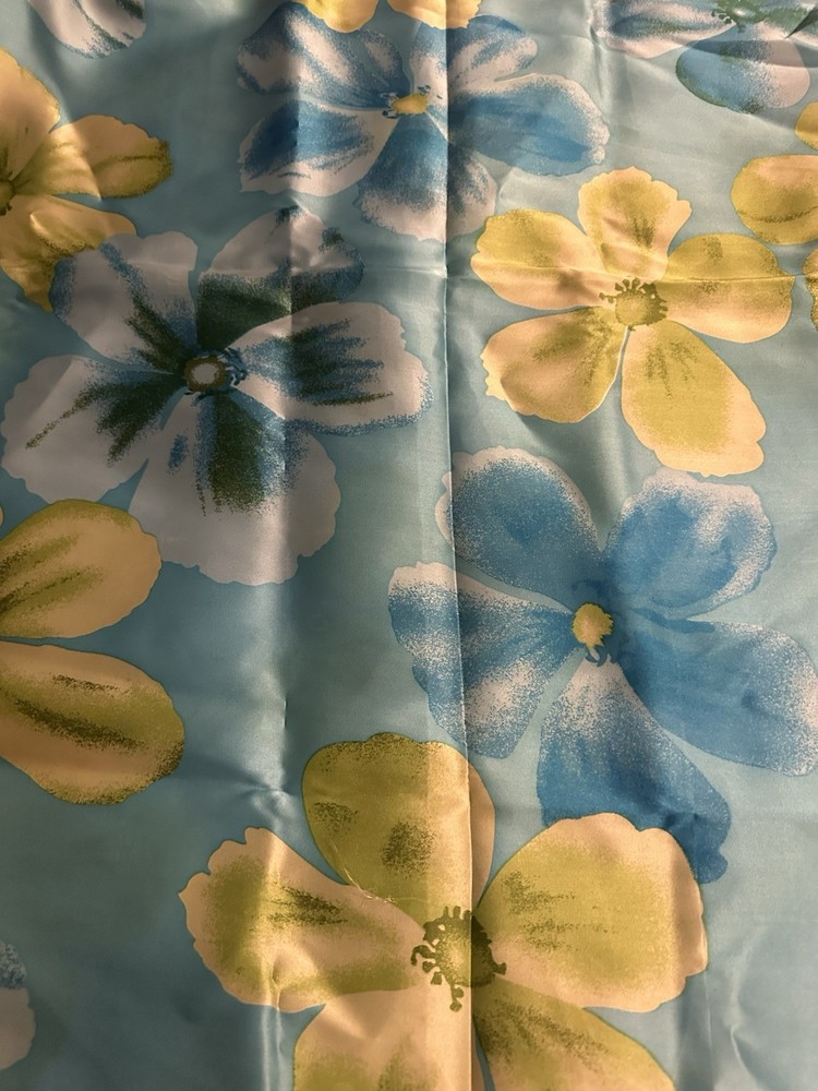Vtg Silk Fabric Chinese 43” X 118” Large Floral Print Pattern Blue And Yellow