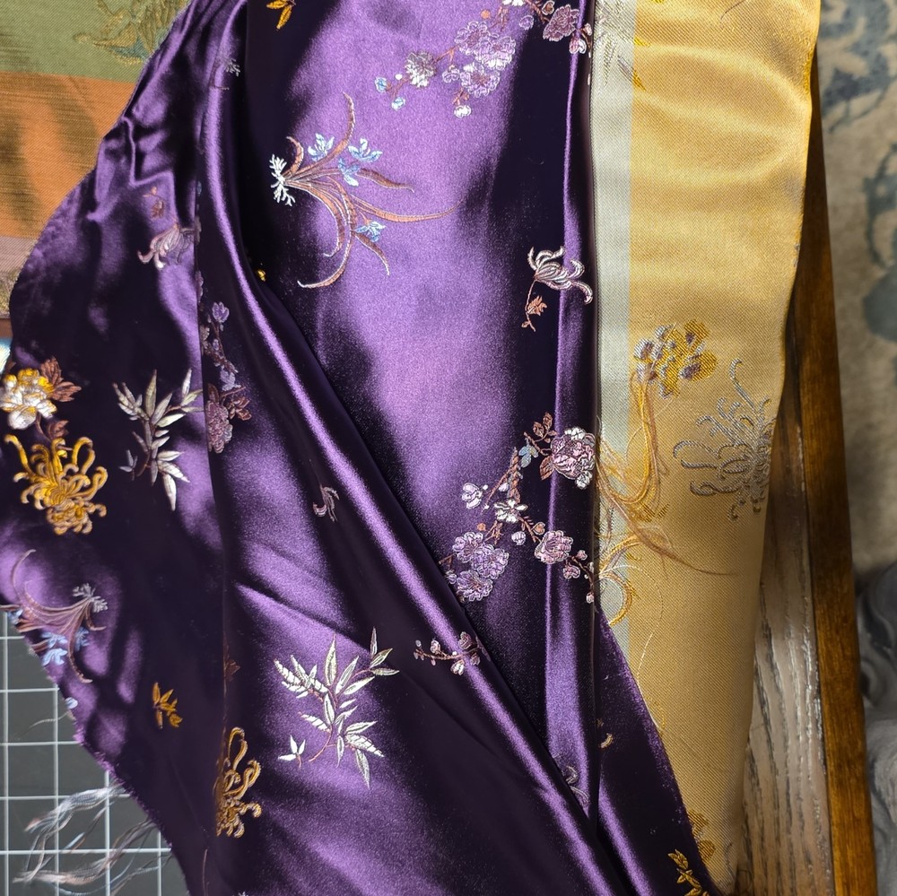 Oriental Floral Brocade Jacquard Fabric Purple Gold Nylon Rayon