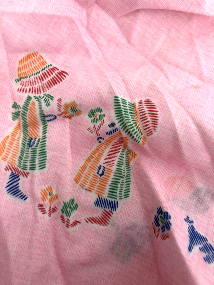 Vtg 1.25 Yd 44WX46L Pink Girls Flowers Stitched Cotton Quilt FABRIC Holly Hobby