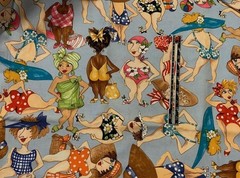 Loralie Harris Bathing Beauties Fabric Blue RARE 1 YARD Cotton Quilt Lady