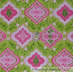 BonEful Fabric FQ Cotton Quilt Green Bright Pink White Flower Damask Leaf Swirl