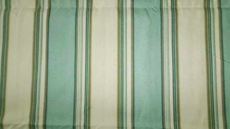 APPROX 2 YDS OFF WHITE W BLUE GREEN TAUPE STRIPE COTTON BLEND UPHOLSTERY FABRIC