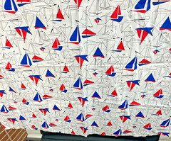 Vintage Sailboat Fabric MCM Mid Century Material 36 x 44 Red White Blue Line Art