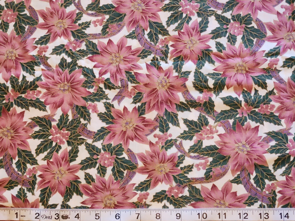 1990’s 100% cotton Hoffman fabric “boughs of holly” pink gold poinsettias