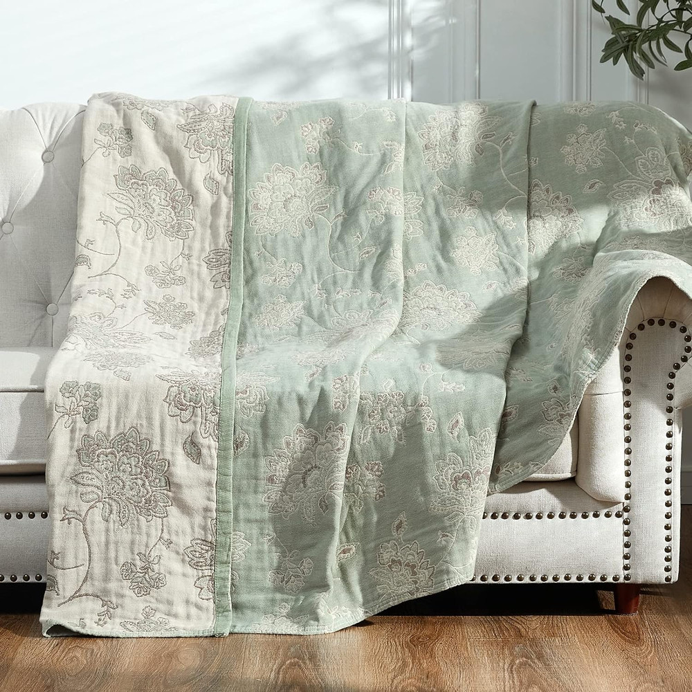Reversible Boho 100% Cotton Muslin Twin Blanket – Floral Green & Beige 60×80