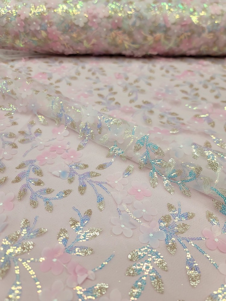 Blush Pink Lace Fabric 3D Floral Iridescent Sequins Embroidery Sold by Yard