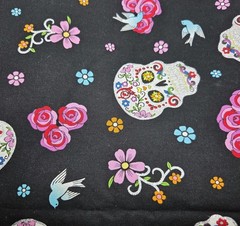 2-7/8+yds David Textiles Sugar Skulls Fabric Day Of The Dead Glitter Flowers