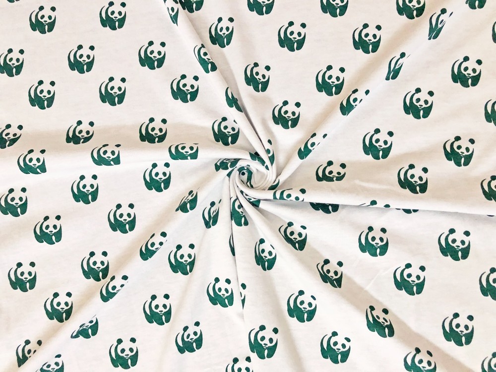 Ivory-Green Pandas 100% Cotton Knit Fabric 56″W By the Yard-CTPR18