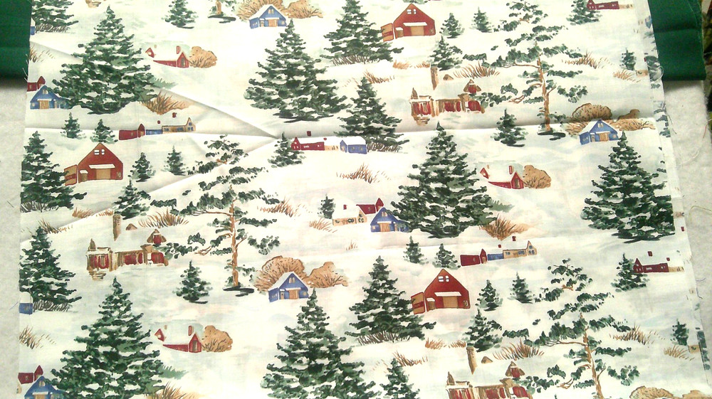 Fabric Red Rooster “First Snowfall” Green Trees and Outbuildings in Snow $5.00