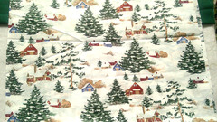 Fabric Red Rooster “First Snowfall” Green Trees and Outbuildings in Snow $5.00