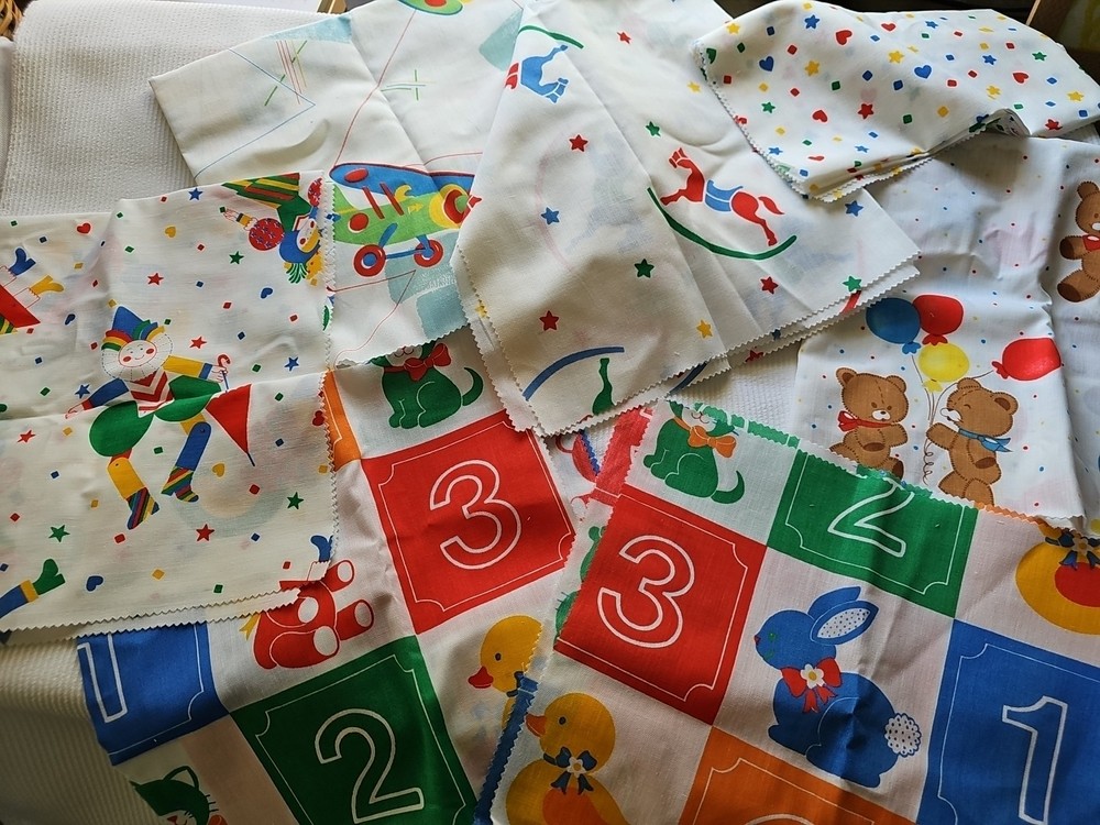 Vintage Whimsical Baby Child Theme Colorful Fabric Pieces Lot 9 Crafts Quilting