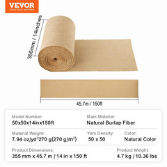 Burlap Fabric Roll, 14 In. X 150 Ft. and 50 X 50 High Density Wide Natural Burla