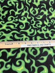 MDG On Fire 100% cotton fabric by the yard like Motorcycle flames Black & Green