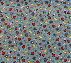 “Village People” Floral Fabric By Fabri-Quilt Apples Lemons Ice Cream Blue BTY