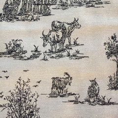 VTG French Country Toile Fabric Black Beige Pastoral Colonial Farmstead 2.5 yd