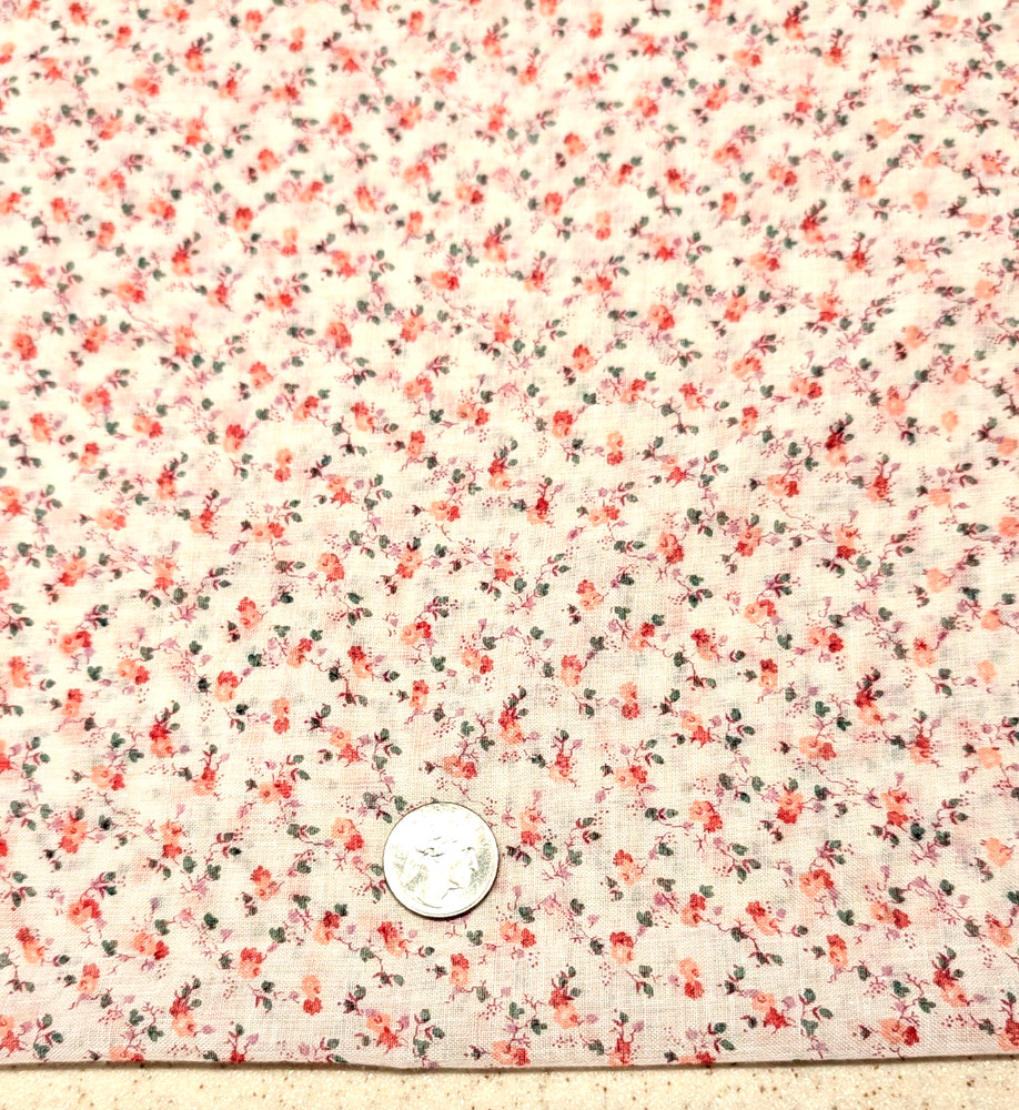 Romantic vintage tiny pink/red flowers on sheer white cotton 4 yards x 45″ w