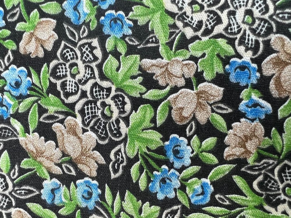 Vintage 1950’s Cotton Floral Fabric Black Green Blue Brown Mid Century