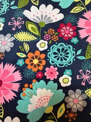 Fabric Lot 2 Yds 18 Ins 42 W Floral Op Art Flowers Home Decor Navy Pink Aqua
