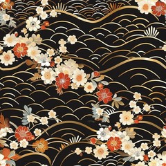 Japanese-style floral motifs Printed Cotton Fabric By The Yard