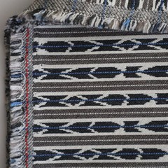 Vintage Ikat Woven Fabric Linen? Taupe, Blue, Black Geometric Bands 1 yds