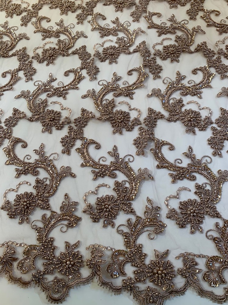 Jayla TAUPE Floral Embroidery with Beads and Sequins on Mesh Lace Fabric by the