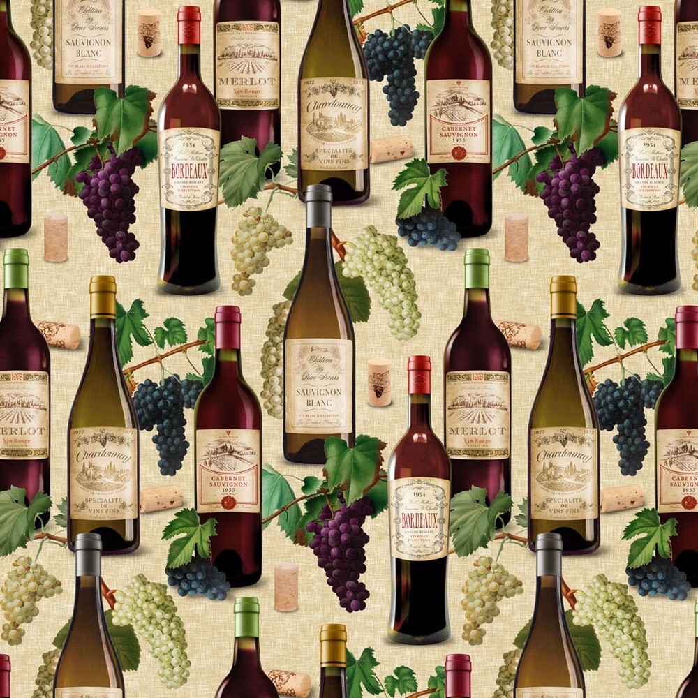 Cheers! Wine bottles grapes Iron Orchid fabric Y3915-60 Dark Butter BTHY