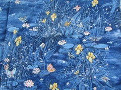 Blue Fabric Lilly Pads Pink Yellow Flowers Butterflies Marsh 43″ Wide x 34″ Long
