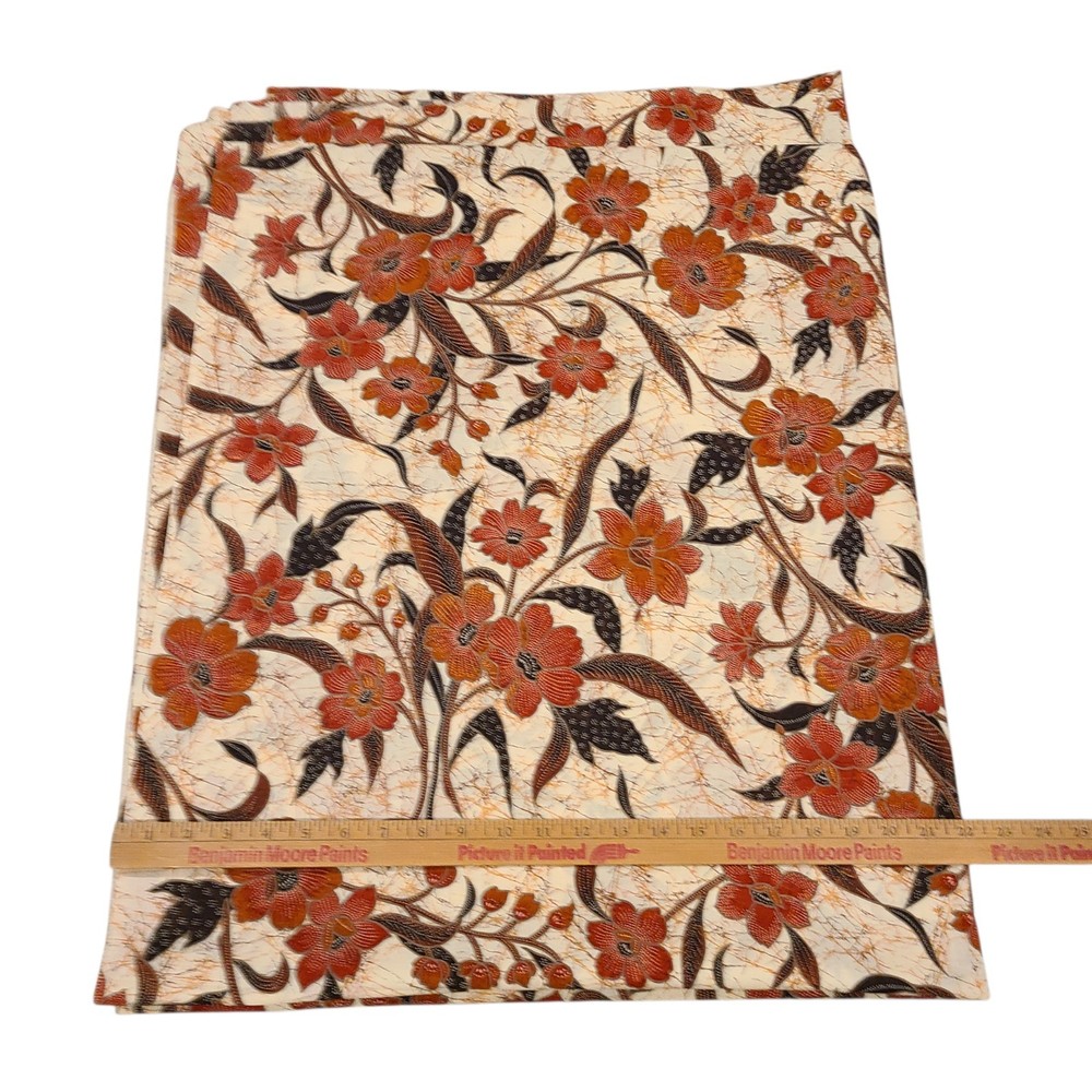 Vintage Indonesian Batik Floral Cotton Fabric 3/4 Yard Brown Orange Boho Quilt