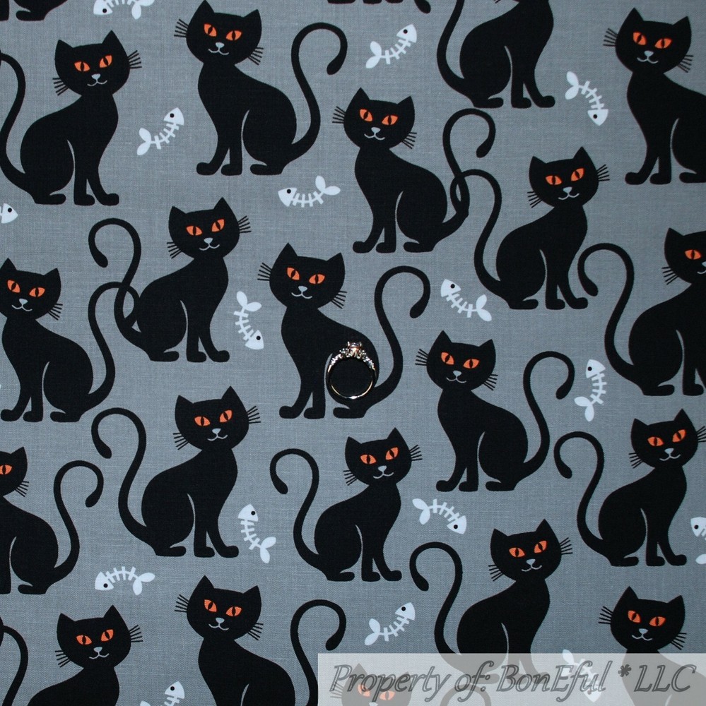 BonEful Fabric FQ Cotton Quilt Gray Black White B&W Cat Fish Bone Halloween Zoo