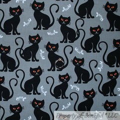 BonEful Fabric FQ Cotton Quilt Gray Black White B&W Cat Fish Bone Halloween Zoo