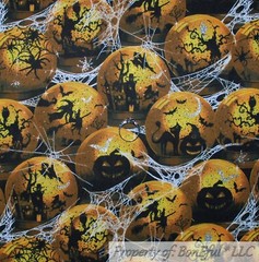 BonEful Fabric FQ Cotton Quilt Purple B&W Halloween Scenic House Moon Witch Mask