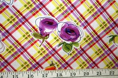 PURPLE AND ORANGE FLOWERS ON YELLOW, RED AND PURPLE PLAID- 100% COTTON FABRIC