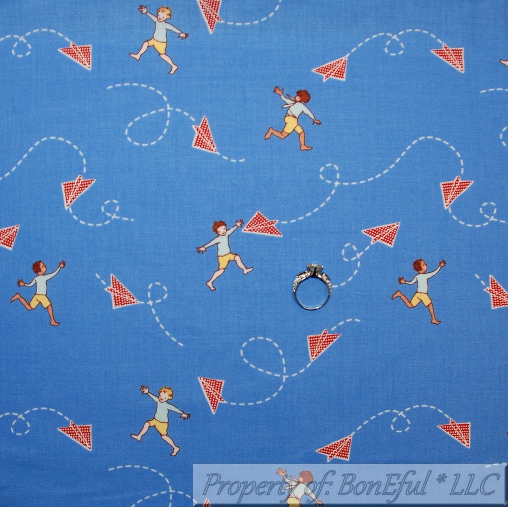 BonEful FABRIC FQ Cotton Quilt VTG Blue White Red KITE Sky Beach Boy Retro BOHO
