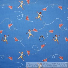 BonEful FABRIC FQ Cotton Quilt VTG Blue White Red KITE Sky Beach Boy Retro BOHO