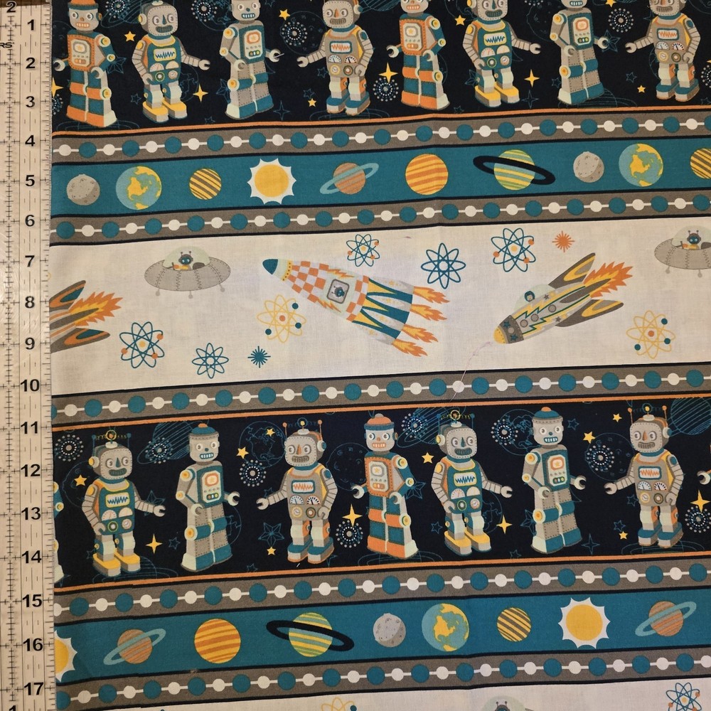 Atomic Bots Cotton Border OOP Boys Fabric Robot Alien UFO Rockets Planets Space